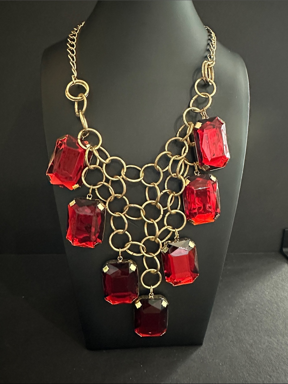 Big Bold Red Bling Bib Necklace Gold Chain